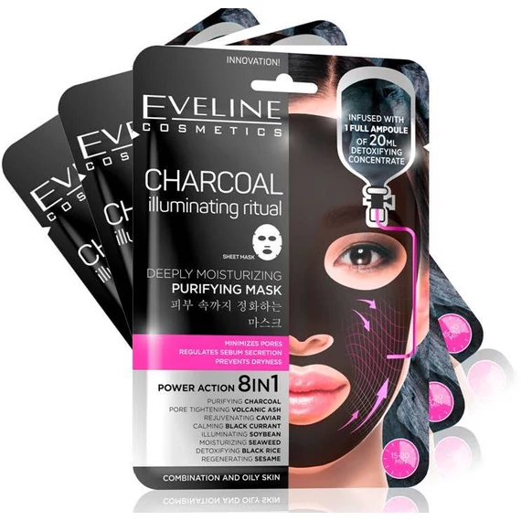 3 db EVELINE KOREAI TEXTIL ARCMASZK BŐRTISZTÍTÓ AKTÍV KARBONNAL - 20 ml hatóanyaggal
