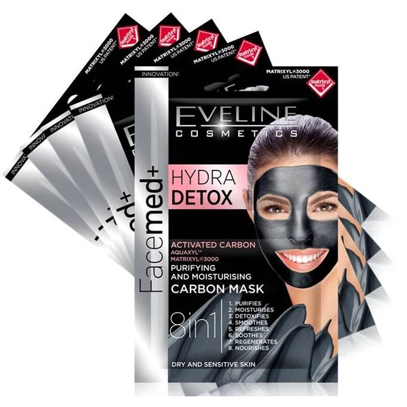 5 db EVELINE FACEMED+ HYDRA DETOX Tisztító és hidratáló karbon arcmaszk  2x5 ml