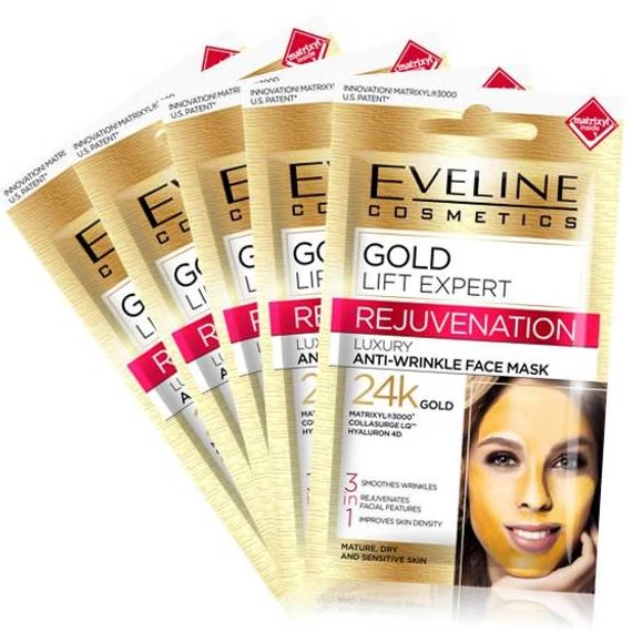 5 db EVELINE GOLD LIFT EXPERT 3 az 1-ben bőrfiatalító és ránctalanító luxus arcmaszk 7 ml