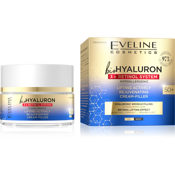 EVELINE BIOHYALURON 3XRETINOL SYSTEM 50+ aktív lifting bőrfiatalító arckrém 50ML